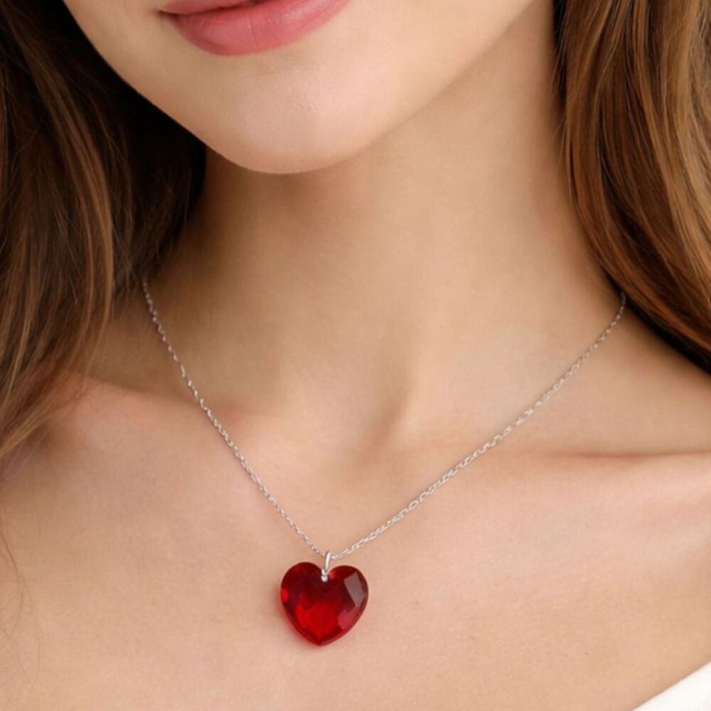 925 Sterling Silver 8" Heart Pendant Necklace - Red Glass Charm
